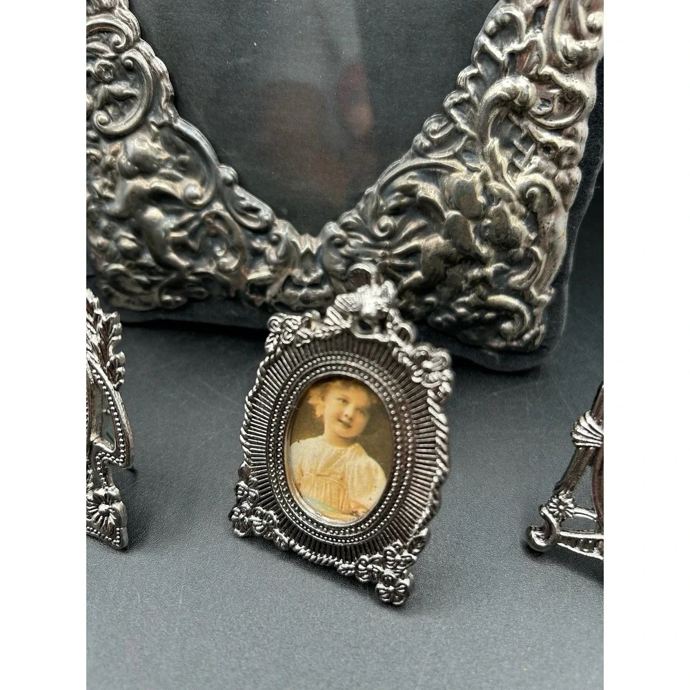 Lot Of 5 Cherub Oval Picture Frame Silver Tone Victorian Rococo Tabletop Mini